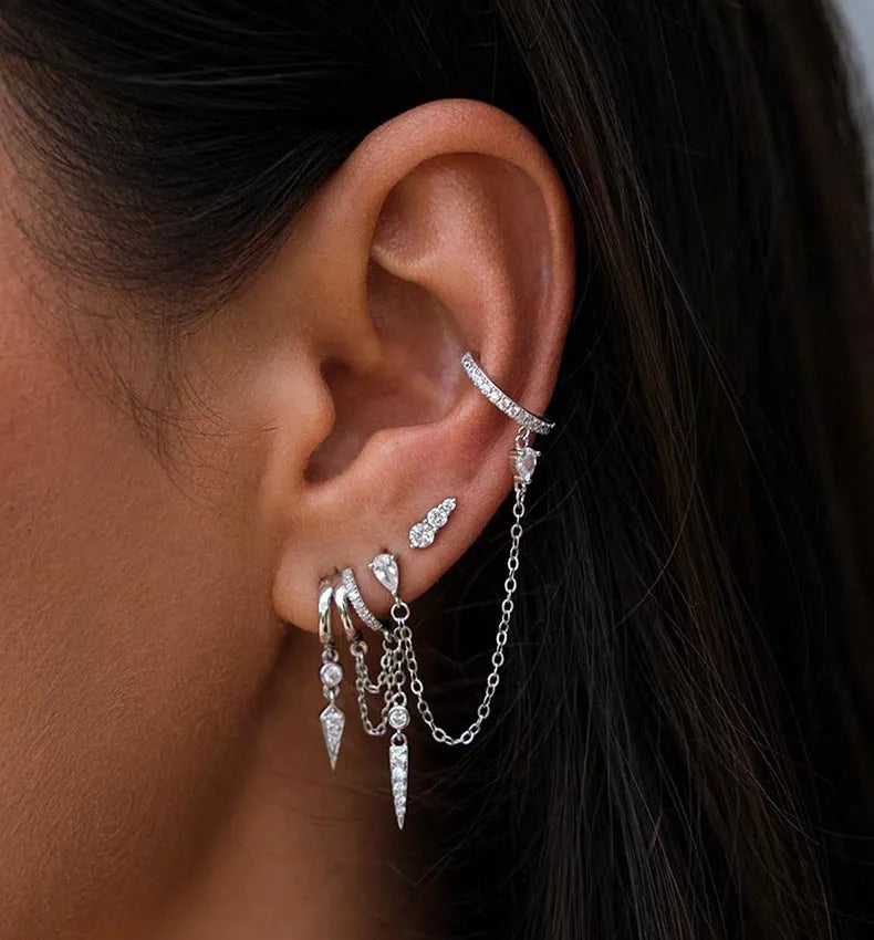 Silver Diamond Overlay Double Layer Rivet Earrings